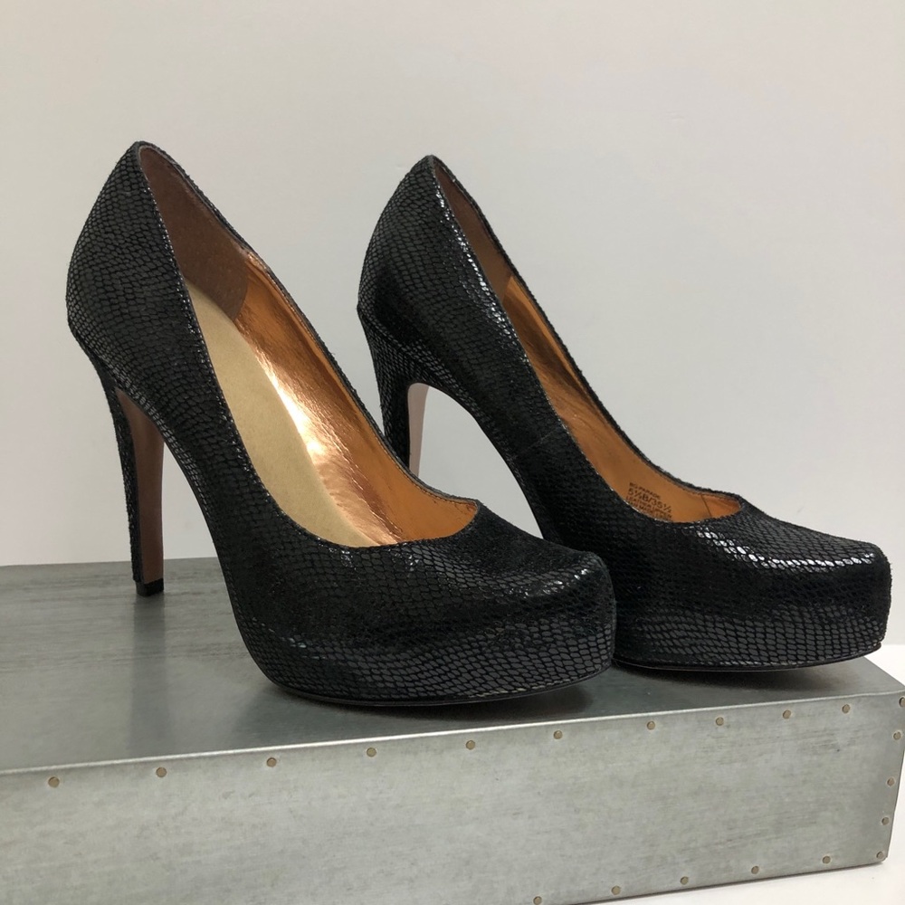 BCBGeneration Black Snake and Rose Gold Bottom Platform Pumps
